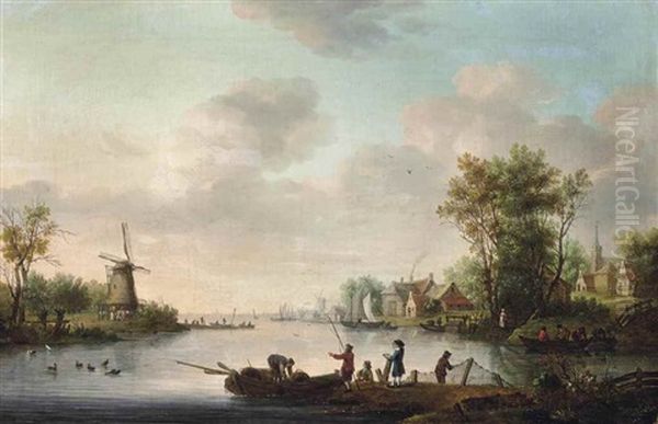A River Landscape With Fishing Boats, A Windmill And A Town Beyond - view 1