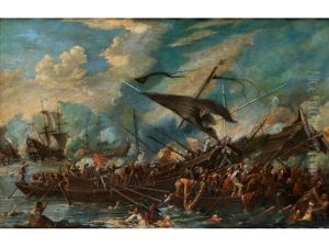 Vielfigurige Seeschlacht Mit Mehreren Segelschiffen Und Kahnen