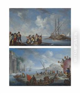 A Coastal Scene With Figures Disembarking From A Ship (+ A Coastal Scene With Figures Loading Boats; 2 Works)