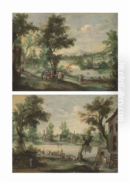 An Extensive Wooded Landscape, With Villagers Dancing And Making Music Beside A River; And A Wooded Landscape With Herdsmen Ferrying Their Cattle Across A Lake, And Figures With Packhorses Beside A Tavern (pair) - view 1