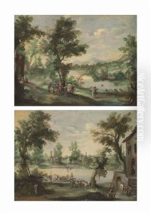 An Extensive Wooded Landscape, With Villagers Dancing And Making Music Beside A River; And A Wooded Landscape With Herdsmen Ferrying Their Cattle Across A Lake, And Figures With Packhorses Beside A Tavern (pair) An Extensive Wooded Landscape, With Villagers Dancing And Making Music Beside A River; And A Wooded Landscape With Herdsmen Ferrying Their Cattle Across A Lake, And Figures With Packhorses Beside A Tavern (pair)