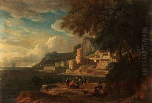 Landscape With Figures And A Castle by Lucas Janszen de Wael