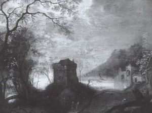 Bewaldete Landschaft Mit Einem Wasserschlos