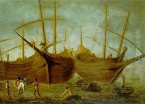 Three Sailing Ships Moored By A Beach by Lucas Janszen de Wael