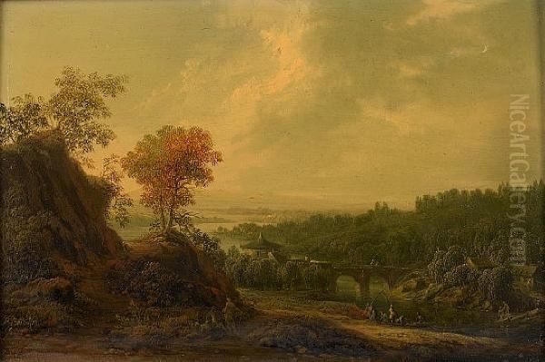 A River Landscape With Peasants Crossing Theriver On A Boat In The Foreground, A Bridge Leading To A - view 1