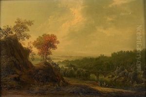 A River Landscape With Peasants Crossing Theriver On A Boat In The Foreground, A Bridge Leading To A by Philipp Hieronymus Brinckmann