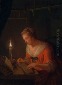Eine Junge Frau Liest Bei Kerzenschein In Ihrer Bibliothek by Dominicus Gottfried Waerdigh
