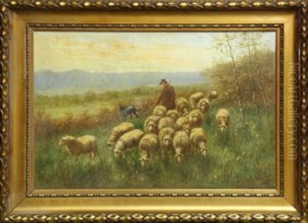 Shepherd With His Sheep And Dog - view 1