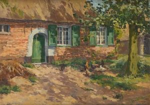 Poules Et Coq Devant La Chaumiere by Victor Wagemaekers