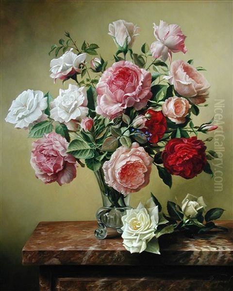 Still Life Of Red And Pink Roses On A Marble Plinth - view 1