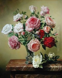 Still Life Of Red And Pink Roses On A Marble Plinth Still Life Of Red And Pink Roses On A Marble Plinth