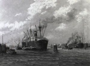 Havengezicht Met Op Stroom Liggende Schepen Met Lichters by Pieter Johannes A. Wagemans