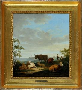Kuhe Und Schafe Mit Hirtenpaar In Landschaft Am Starnberger See by Max Joseph Wagenbauer