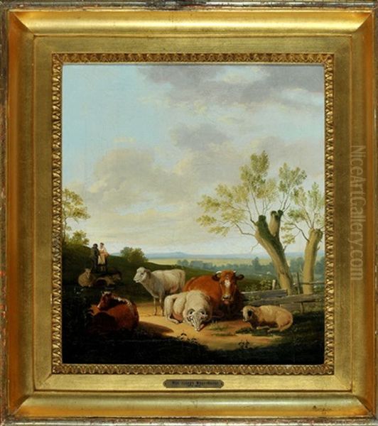 Kuhe Mit Schafen Und Hirtenpaar In Voralpenlandschaft - view 1