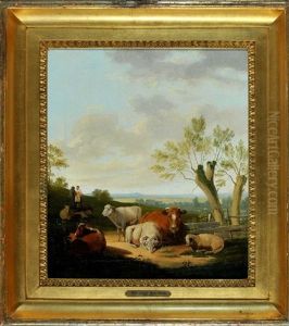 Kuhe Mit Schafen Und Hirtenpaar In Voralpenlandschaft by Max Joseph Wagenbauer