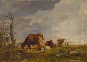 Rinder Auf Der Weide In Flacher Landschaft