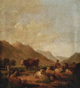 Sennerin Mit Weidevieh Auf Einer Almwiese Im Gebirge Sennerin Mit Weidevieh Auf Einer Almwiese Im Gebirge