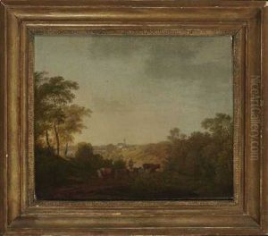 Oberbayerische Landschaft, Im Vordergrund Ein Bauer Mit Vieh by Max Joseph Wagenbauer