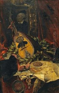 A Still Life With Musical Instruments And A Portrait Of Richard Wagner by Ferdinand Wagner the Younger