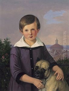Knabenportrait Mit Mops Vor Abendlicher Landschaft Mit Kapellenhintergrund