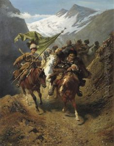 Nach Dem Uberfall. Wild Galoppierende Tscherkessen, Uber Einen Schmalen Gebirgspfad Fliehend by Albert Wagner