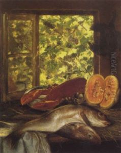 Stilleben Mit Fischen Und Krebs Vor Ge"ffnetem Fenster Auf Stroh by Alexander von Wagner