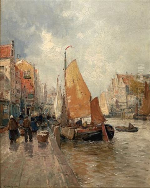 Port Scene With Sailboats And Gabled Houses - view 1