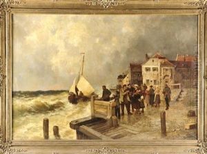 Vielfigurige Szene Am Stadtischen Kai Vor Sturmischer See