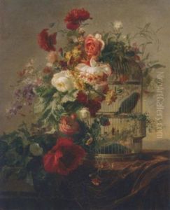 A Parakeet In A Gilded Cage Under A Canopy Of Summer Flowers by Elise (Puyroche) Wagner