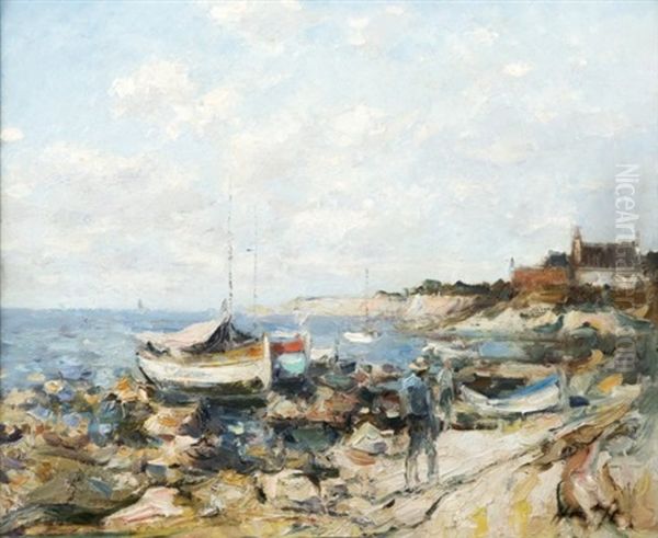 Figure Walking Harborside With Docked Boats On A Northern California Coast - view 1