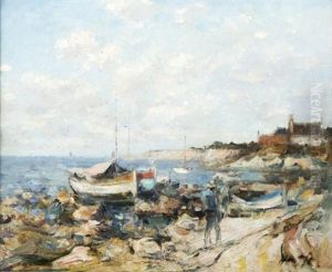 Figure Walking Harborside With Docked Boats On A Northern California Coast by Joseph Wagner