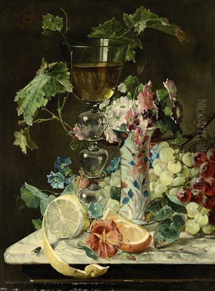 Stillleben Mit Weinglas, Obst Und Blumen - view 1