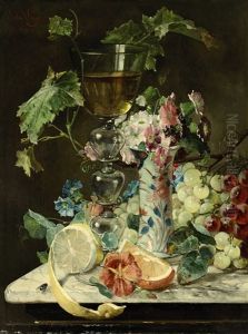 Stillleben Mit Weinglas, Obst Und Blumen Stillleben Mit Weinglas, Obst Und Blumen