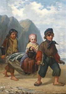 Fischerkinder Am Heimweg Mit Reicher Beute by Julius Wagner
