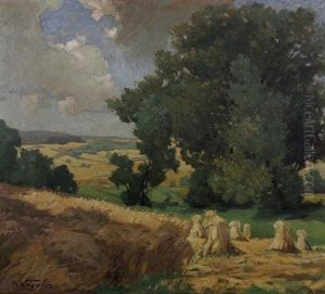 Weite Landschaft Mit Getreidefeldern Und Baumen An Einem Sommertag Mit Aufziehenden Wolken, Im Rechten Vordergrund Getreidehocken by Karl Wagner