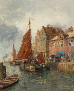 Sign. Kanalansicht In Amsterdam Mit Angelegten Booten, Prachtvollen Hauserfassaden Und Personenstaffage. Ol/lwd. 68,5 X 55,5 Cm. R by Karl Theodor Wagner