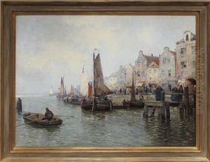 Belebte Hafenansicht In Holland (?) by Karl Theodor Wagner