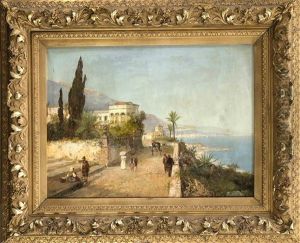 Schweizer Landschaft Am Ufer Des Luganersees Mit Figurenstaffage by Karl Theodor Wagner