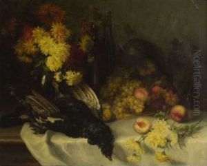 Stillleben Mit Chryanthemen, Fruchten Und Fasan by Louise Wagner