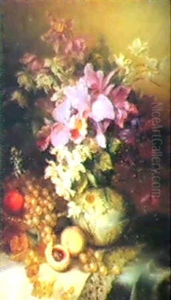 A Still Life Of Irises In A Vase And Fruit On A Ledge - view 1