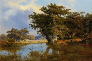 Old Oak Trees On The Riverbank by Ludwig Christian Wagner