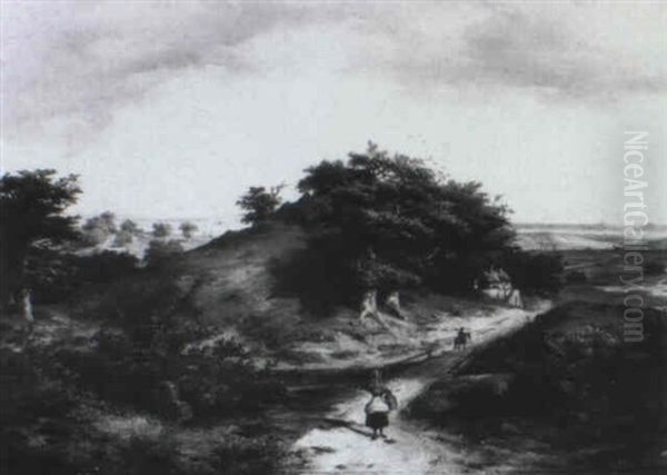 Hugelige Landschaft, Vor Baumgruppe Bauerinmit Milchkanne - view 1