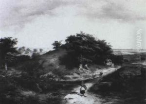 Hugelige Landschaft, Vor Baumgruppe Bauerinmit Milchkanne
