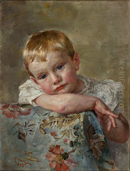 Kinderportrait Des Richard Voelter (1892 - 1975). Reizender Blonder Bub Blickt Uber Sessellehne Mit Geblumtem Bezug - view 1