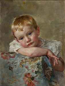 Kinderportrait Des Richard Voelter (1892 - 1975). Reizender Blonder Bub Blickt Uber Sessellehne Mit Geblumtem Bezug by Paul Hermann Wagner