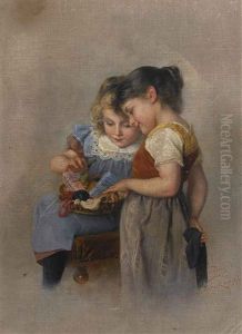 Zwei Kleine Madchen Suchen Garn Im Nahkorbchen by Paul Hermann Wagner