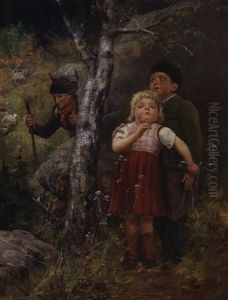Zwei Kinder Im Wald Angstigen Sich Vor Einer Alten Frau Mit Kraxe by Paul Hermann Wagner