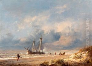 Fishermen And Boat At The Beach by Wilhelm Georg Wagner