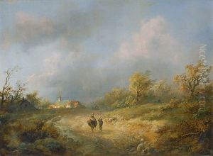 Travellers Outside A Village by Wilhelm Georg Wagner