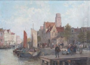Stadsgezicht Met Binnenhaven, Afgemeerde Beurtvaarders En Vele Personen Op De Kade by Karl Wagner